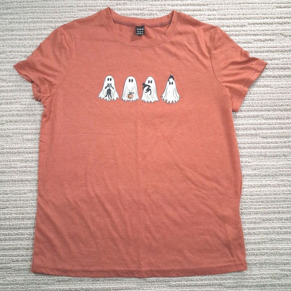womens small orange ghosts black cat halloween short sleeve shirt top tee